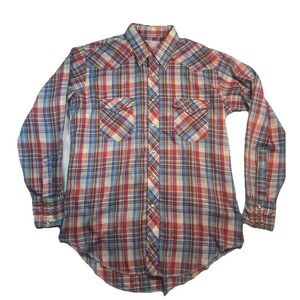 VTG  70s Wrangler Pearl Snap Western Shirt Mens USA Made Long Tail Plaid 16.5 34